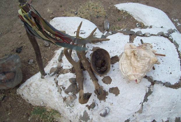 Ceremonial antlers, huaje, and conch horn for the temazcal, a traditional native Mexican American purification ceremony © Jeffrey Bacon, 2012