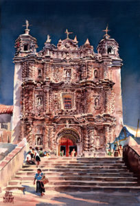 By Jorge Monroy, this painting depicts Santo Domingo Church in San Cristobal de las Casas, Chiapas, built during Mexico's Colonial period.. © John Pint, 2011