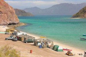 The protected waters of Playa Escondida on Conception Bay in Baja California Sur are popular for kayaking.