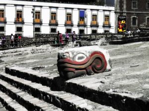 A massive polychrome serpent head discovered in the Templo Mayor, an ancient Aztec Temple situated beneath downtown Mexico City © Anthony Wright, 2013