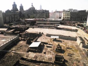 View of Mexico City's Templo Mayor from the onsite museum © Anthony Wright, 2013