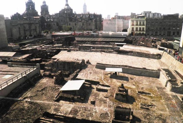 View of Mexico City's Templo Mayor from the onsite museum © Anthony Wright, 2013