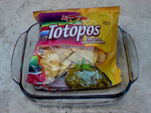 These tortilla chips are sold in Mexican supermarkets and convenience stores. As the label shows, this version is specially made for chilaquiles. Originally, this dish utilized day-old tortillas... or older than that! © Daniel Wheeler, 2009