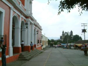 Looking west at the convent, the ayunamiento is on the left, and the market is right.