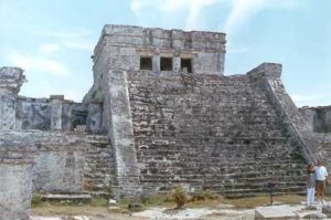 Steep steps lead to a a temple overlooking the Caribbean in the ancient Maya city of Tulum. © Anthony Wright, 2001