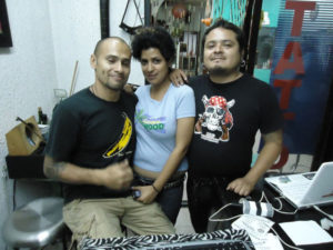 Tuna, Angy and Kai art university-educated tattoo artists in Oaxaca, Mexico. © Alvin Starkman, 2011