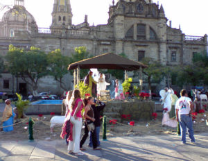 Mexico is overwhelmingly Catholic. A Chrismas creche dominates decorations in a downtown Guadalajara plaza. © Daniel Wheeler 2009