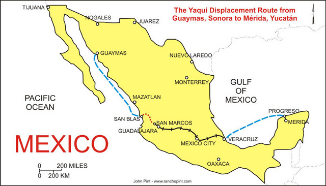 The route used to move Yaquis from Sonora to the henequen fields of Yucatan in the early 1900s. It is said that 15,000 of them were exiled. © John Pint, 2009