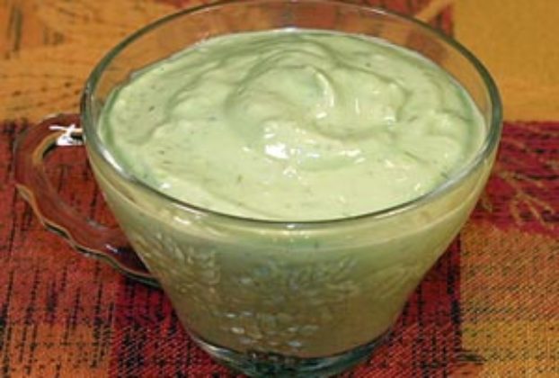 Mexican yogurt avocado dip goes well with veggies, chips and totopos © Carol Robbins www.lovethatfood.com, 2013