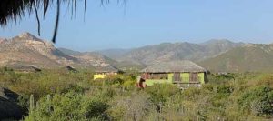 From the palapa at the Baja Bungalows in Cabo Pulmo, BCS, the 360o view from the upper story is incredible, encompassing everything from rustic buildings to the waves breaking on the shore and to the rugged virgin mountains of Sierra La Trinidad.