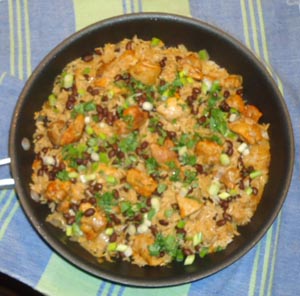 Chicken, rice and blck beans prepared with a recipe from Mexico Every Day by Rick Bayless © Karen Hursh Graber , 2014