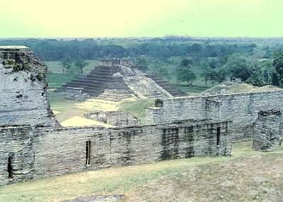 View across Plaza Norte to Temple One, Comalcalco