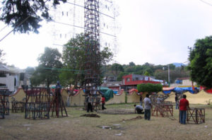 Castillo assembly process. Note the racks extending out from the central tower. Those hold the fireworks that will light up at show time. © Julia Taylor, 2007
