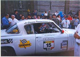 Vintage Studebaker competing in La Carrera Panamericana classic car race arrives in Puebla, home to the modern VW Beetle factory