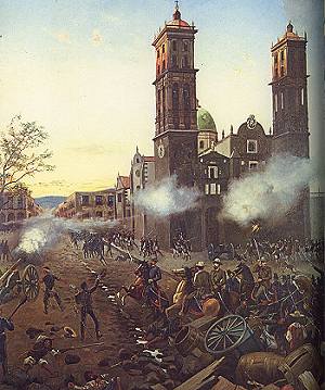 As the battle rages, General Porfirio Díaz leads his cavalry against the French.