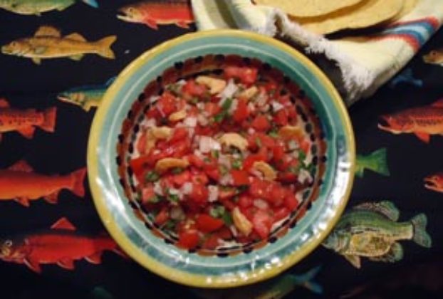 Dried shrimp makes a surprising but tasty addition to pico de gallo or fresh salsa mexicana — chopped tomato, onion and serrano chile © Karen Hursh Graber, 2013