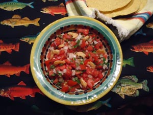 Dried shrimp makes a surprising but tasty addition to pico de gallo or fresh salsa mexicana — chopped tomato, onion and serrano chile © Karen Hursh Graber, 2013