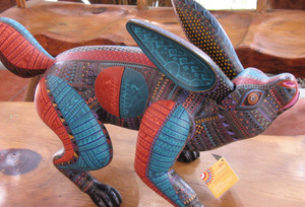 This colorful alabrije rabbit by Jacobo Angeles races across the Mexican mountain meadows. © Alvin Starkman, 2008