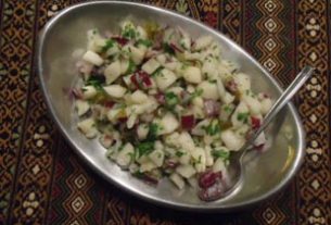 The white pear flesh, green herbs and red onion give this pear salsa the colors of the Mexican flag © Karen Hursh Graber, 2013