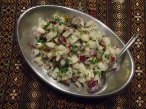 The white pear flesh, green herbs and red onion give this pear salsa the colors of the Mexican flag © Karen Hursh Graber, 2013