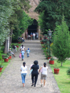A cobblestone walkway leads through a grove of ancient shade trees to the church ofNuestra Señora de la Natividad (Our Lady of the Nativity). © Julia Taylor, 2007