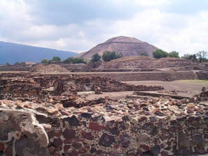 Seen from the vantage point of the Pyramid of the Moon, the Pyramid of the Sun dominates the ancient city of Teotihuacan. Located outside Mexico City, Teotihuacan is one of the most important archeological zones in Mexico. © Rick Meyer, 2001