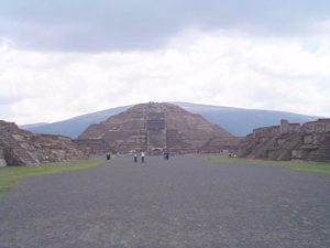 Looking north up the Avenue of the Dead, the Pyramid of the Moon is the seond largest structure in this pre-Hispanic city. The hill behind seems to be well centered. Teotihuacan, outside Mexico City, is one of the most important archeological zones in Mexico. © Rick Meyer, 2001