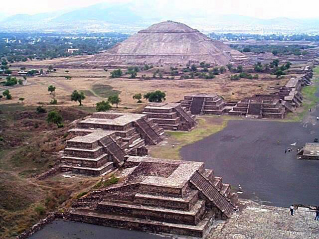 Looking south from the top of the Pyramid of the Moon, you can see the Pyramid of the Sun. The Pyramid of the Sun was the first major structure built around 150 AD over a sacred cave in Teotihuacan, one of the most important archeological zones in Mexico. © Rick Meyer, 2001