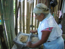A member of Maseual Siuat Xochitajkitinij grinds corn by hand to make tortillas. She uses a traditional mano and metate.