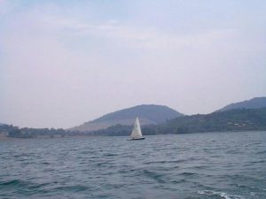 A lone sailboat has the lake all to itself. (Looking east southeast from the center of the lake)