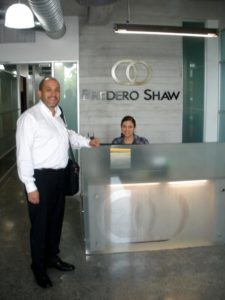 Daniel in the reception area of Shawcor, a maker of coated steel pipes.