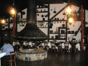 Fireplace inside the Swiss-style chalet restaurant of the Chipinque Hotel with its charming atmosphere – perfect for its alpine mountain setting. © Joseph A. Serbaroli, Jr. 2020