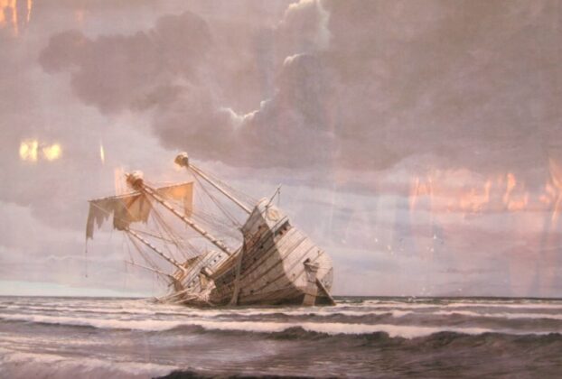 A Spanish Galleon aground on the Baja California Peninsula, illustration by Gordon Miller. Reproduced by kind permission of the artist; all rights reserved.