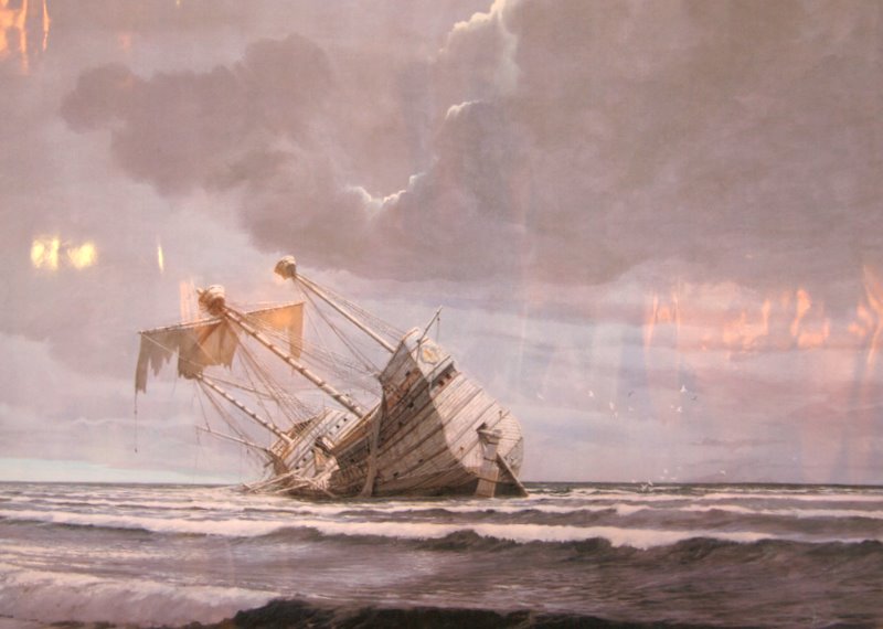 A Spanish Galleon aground on the Baja California Peninsula, illustration by Gordon Miller. Reproduced by kind permission of the artist; all rights reserved.