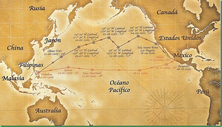 reconstructed map of the Pacific route of explorer Andres de Urdaneta.