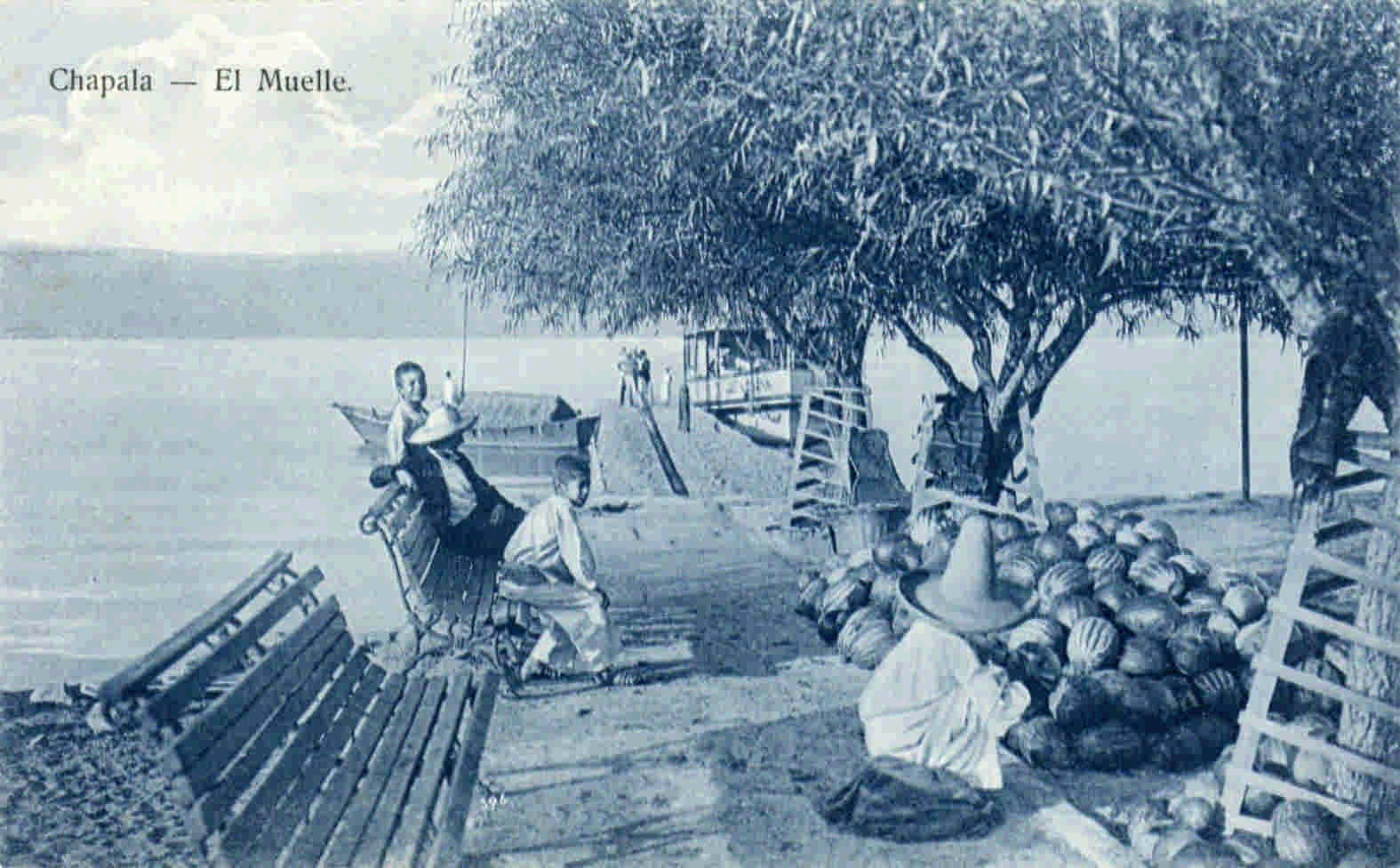 Lupercio. c 1906. Pier and watermelon merchant, Chapala. (Fig 5-8 of Lake Chapala: A Postcard History)