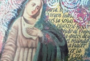 Encaustic collage with calligraphy © Thea Evensen 2024.