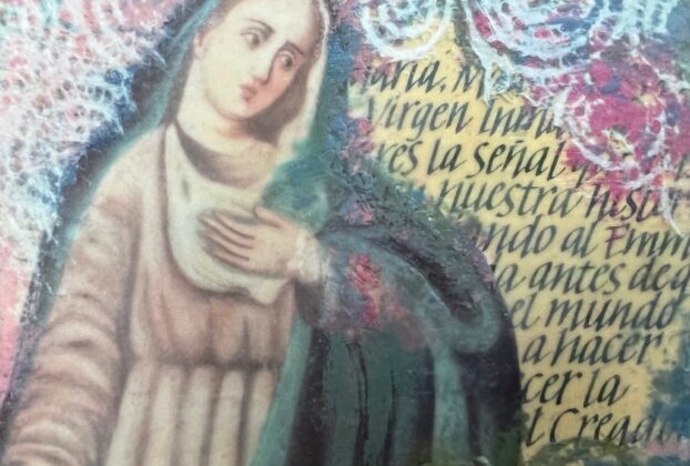Encaustic collage with calligraphy © Thea Evensen 2024.