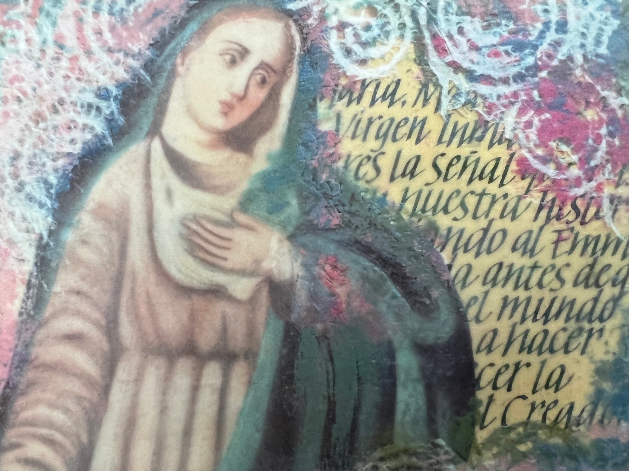 Encaustic collage with calligraphy © Thea Evensen 2024.